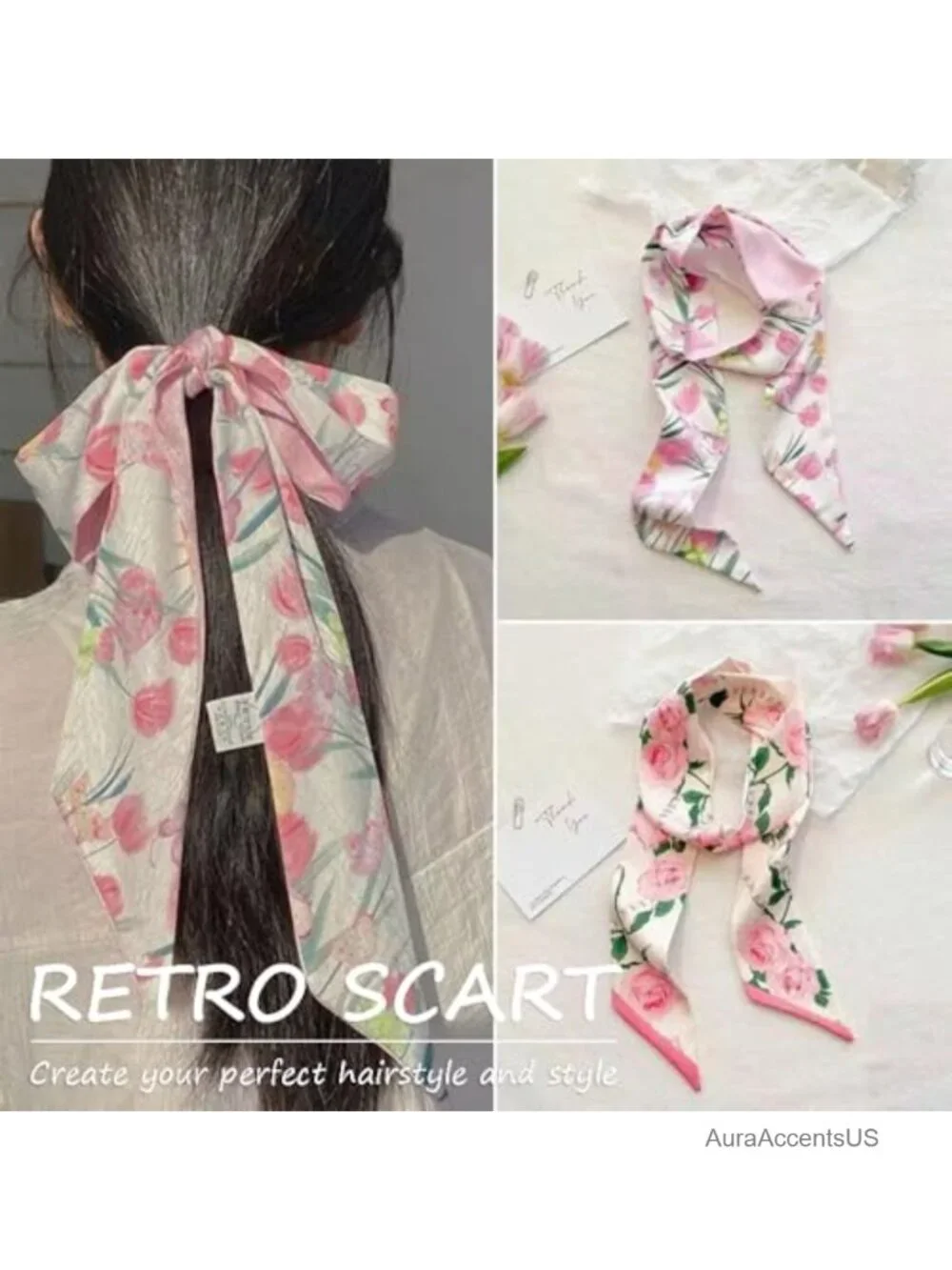 Retro Floral Small Ribbon Silk Scarf - Hair Band Tie Neck Scarf Fashion